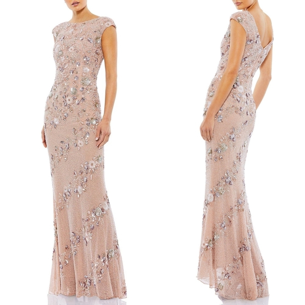 Mac Duggal Pink Embellished Bateau Neck Cap Sleeve Floral Beaded Trumpet Gown